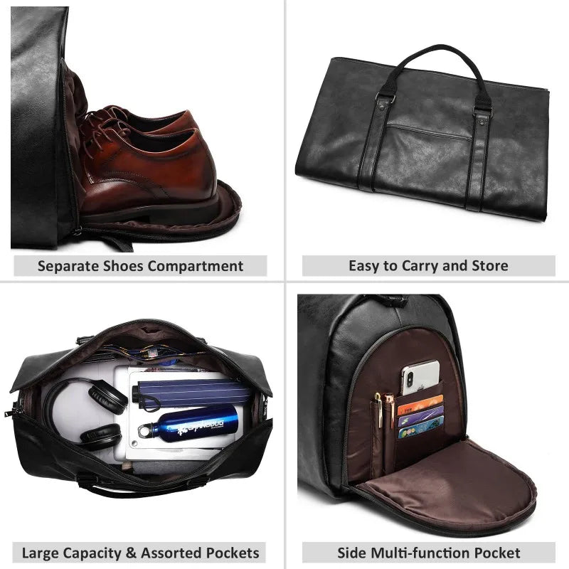 Vegan leather duffel bag featuring a separate shoe compartment, multiple organizational pockets, scratch-resistant exterior, large capacity interiors.
