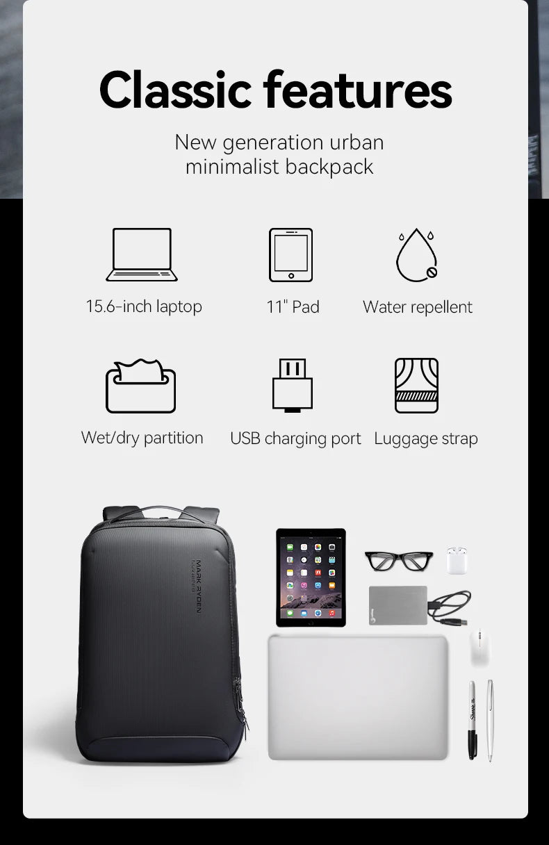 Slim Backpack featuring a durable handle, premium YKK zippers, built-in USB charging port, and water-resistant material—designed for style, function, and everyday convenience.