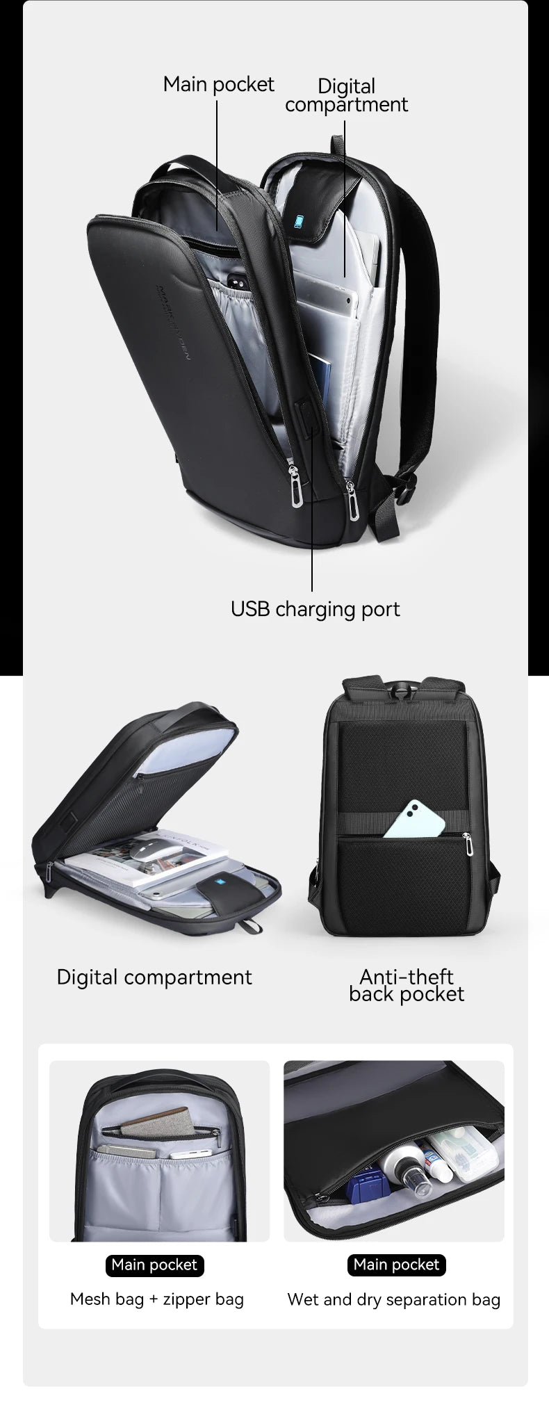 Smart Storage Backpack with Padded Laptop Compartment and Multiple Pockets
Modern Backpack with Built-In USB Charging Port for Convenience on the Go