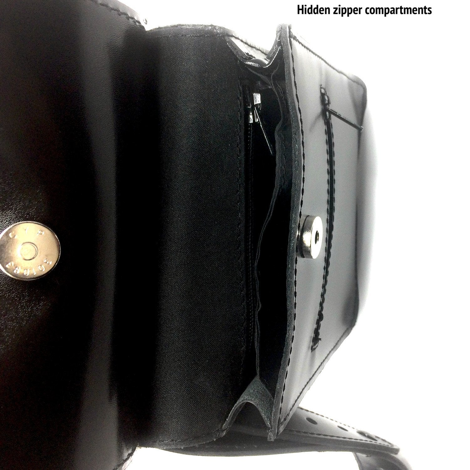 Top view of the bag compartment on NiK Kacy Holster Harness 2.0, showcasing even more secure zipper closures and hidden compartments.