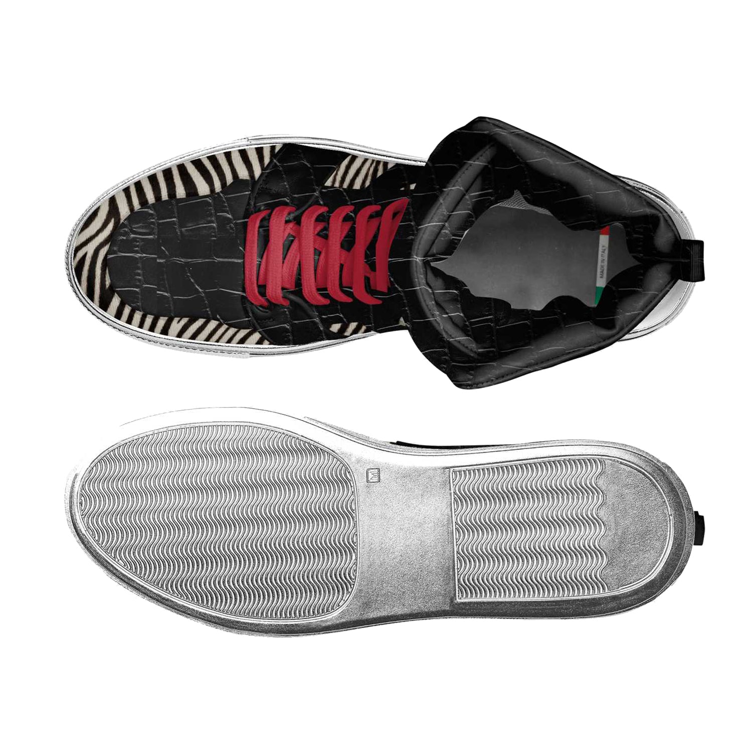 Top and bottom views of NiK Kacy High-Top Sneakers, displaying the extra-large soft tongue and rubber sole for comfort and stability.