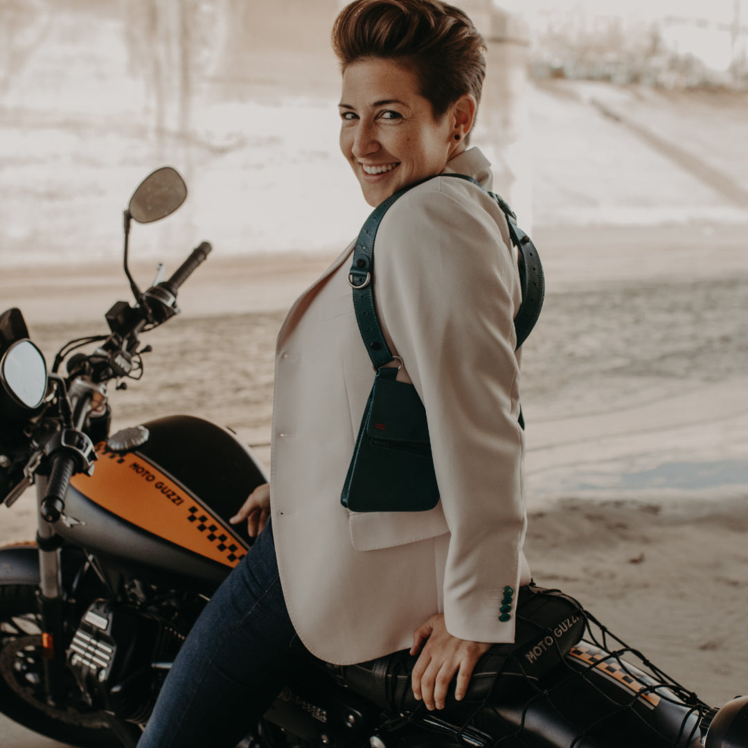 Kelly Balch, our amazing photographer sports our NiK Kacy Modular Teal Utility Holster Harness and looks perfect dressed up or down!