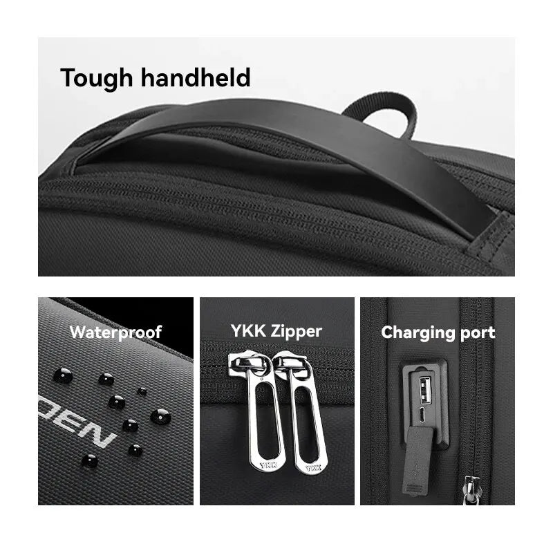 Close-up of durable handle, premium YKK zippers, built-in USB charging port, and water-resistant material for ultimate functionality.