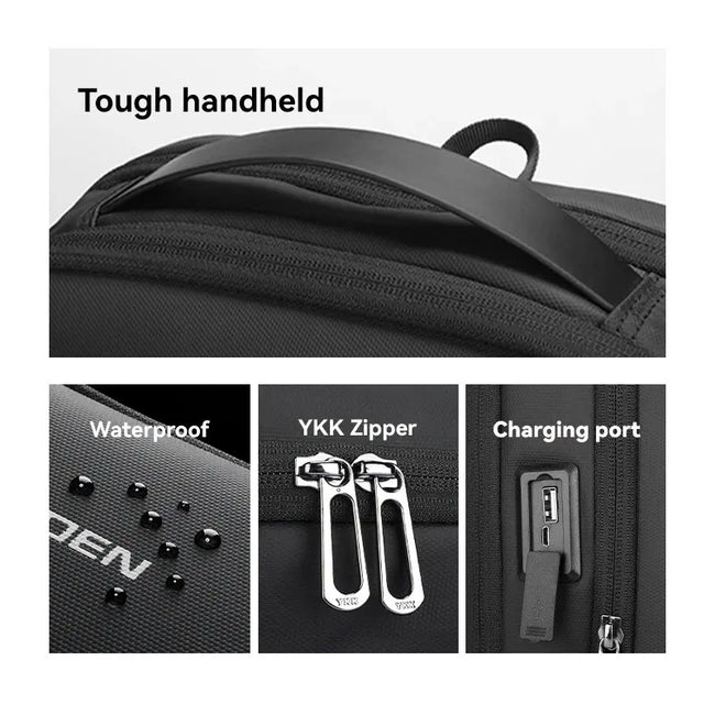 Close-up of durable handle, premium YKK zippers, built-in USB charging port, and water-resistant material for ultimate functionality.