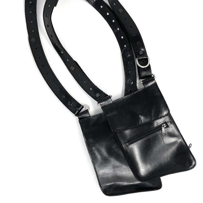 NiK Kacy Modular Utility Holster Harness 2.0 in black cowhide leather, featuring an updated bag size to fit modern smartphones.